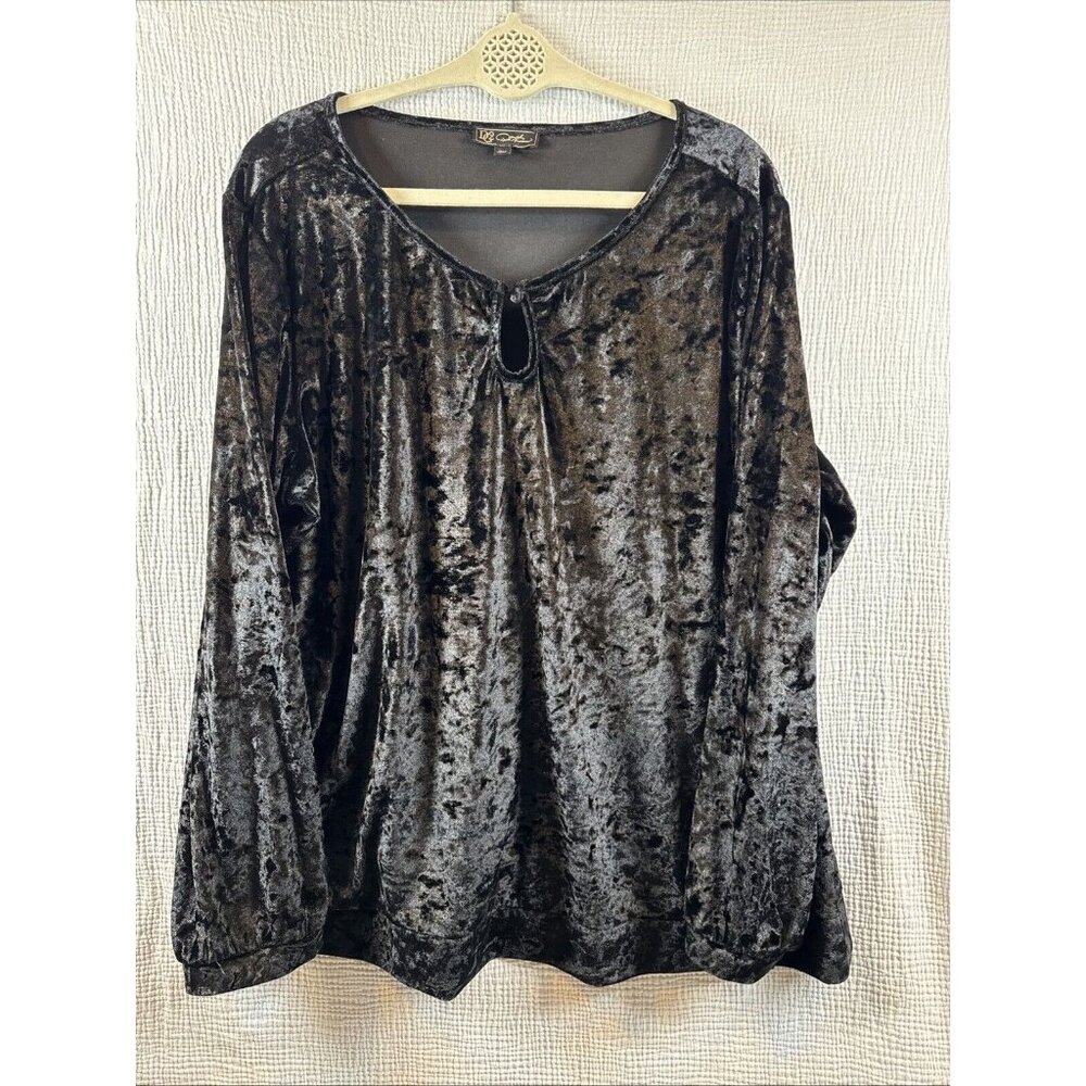 DG2 DIANE GILMAN Women's Crushed Velour Long Sleeve Tunic Top Black Size 2X‎
